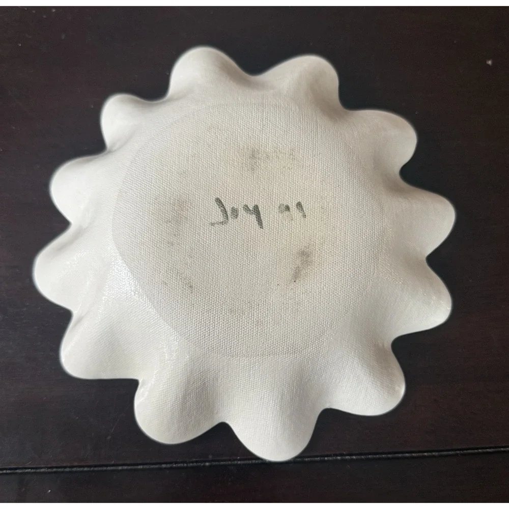 Estate Artist Signed Embossed Cream Pottery Bowl with Scalloped Edge 7